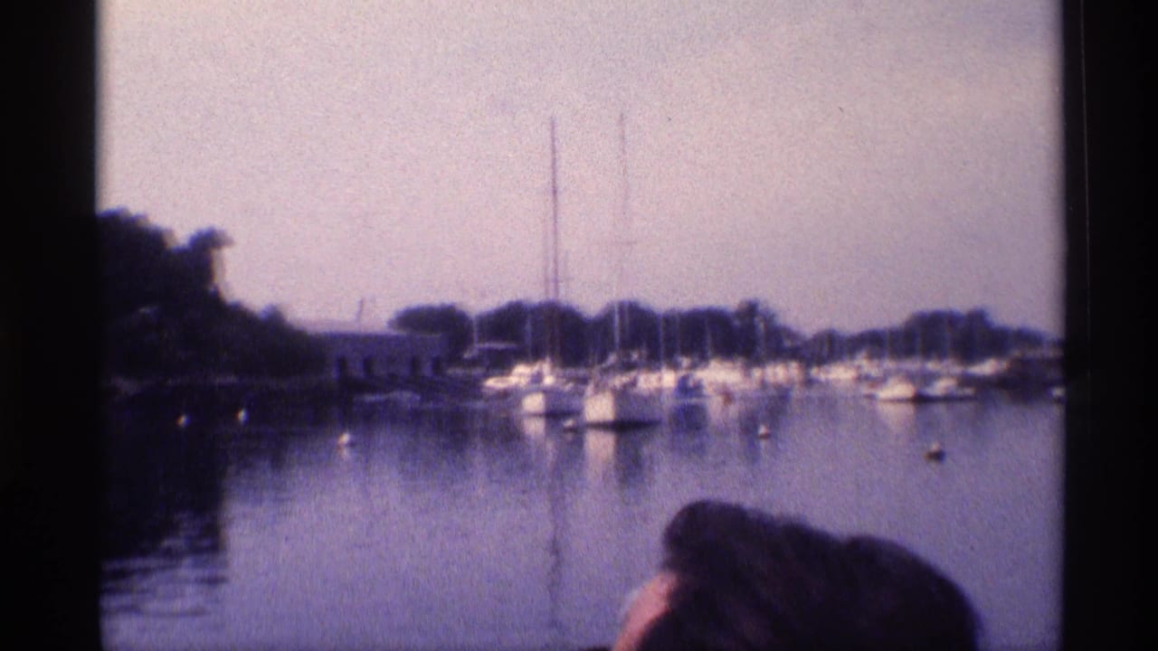 Wide 1973 New York 8mm view across a marina, with moored sailboats, dark trees, cloudy sky, and a foreground head.
