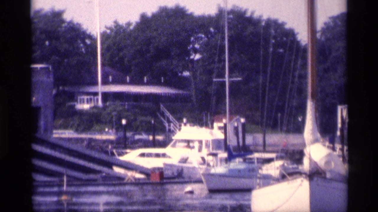 White boats moored beside a wooden marina dock with masts and trees behind them.
