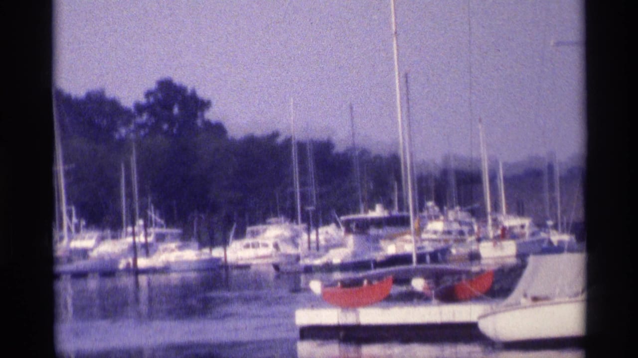 Sailboats and a red dinghy moored in calm marina water.