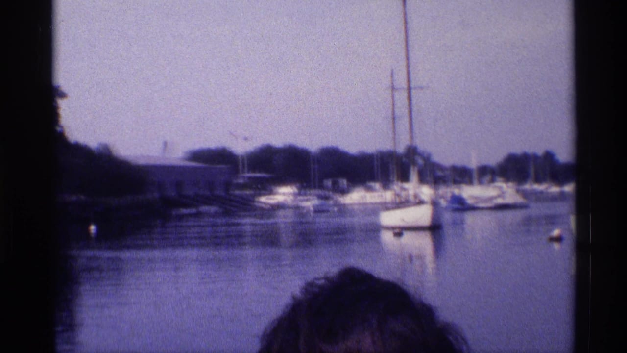 Marina waterway with docked sailboats and the top of an observer's head in the foreground.