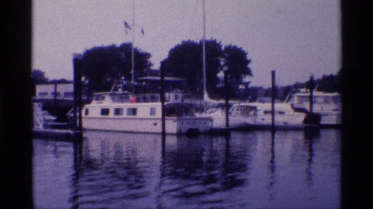 1973 New York marina view with white motor yachts and sailboats tied near dark pilings under a hazy sky.
