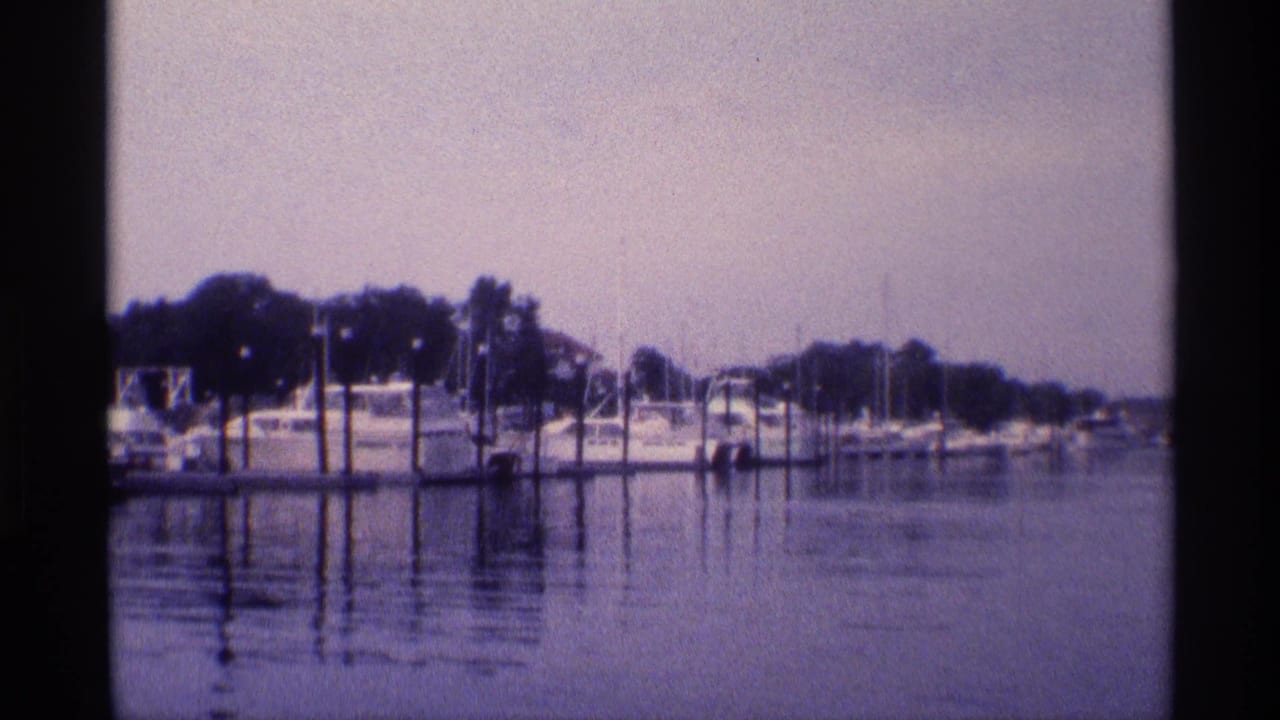 1973 New York 8mm frame widening across the marina, showing boats at docks, upright pilings, calm water, and distant shoreline trees.