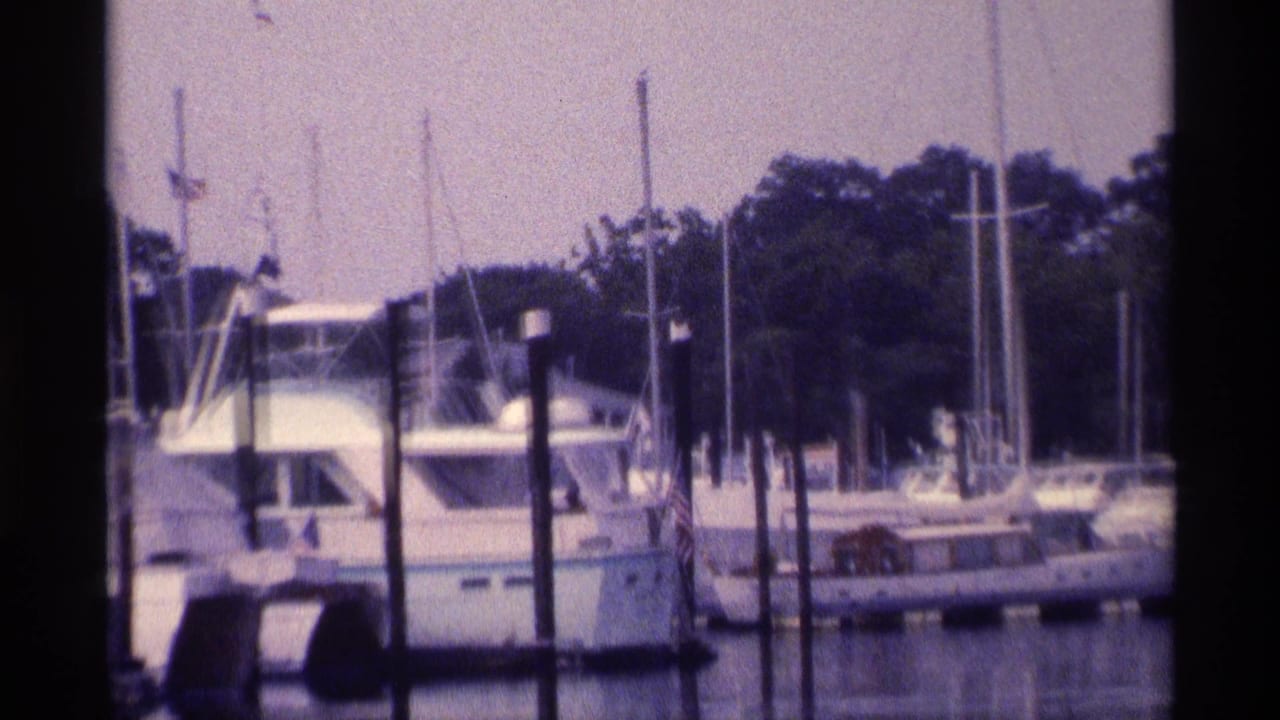 A soft 8mm close view shows a cabin boat beside dark dock pilings, with sailboat masts and a wooded shoreline behind.