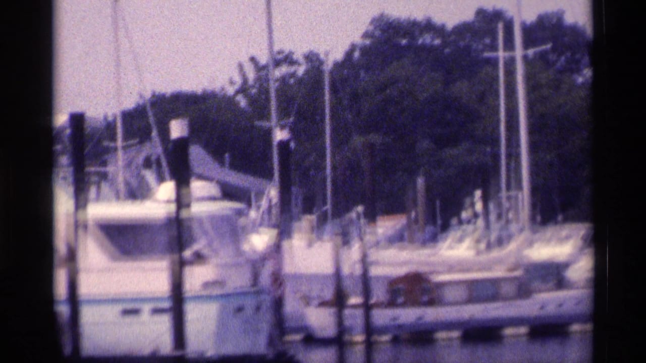 The final zoomed frame centers on moored boats and vertical pilings in a 1973 New York harbor, with dense trees behind the marina.
