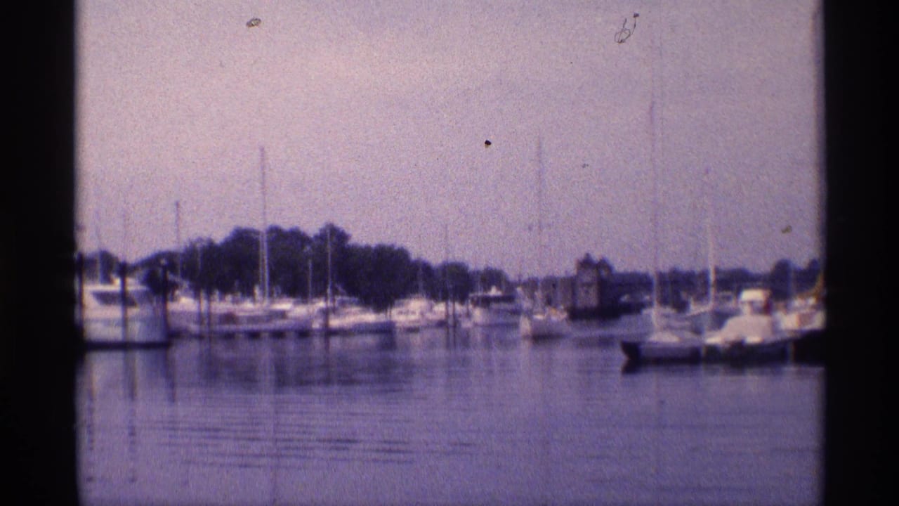 Wide 1973 New York marina frame showing sailboats, motorboats, dock pilings, tree-lined shore, and calm open water.
