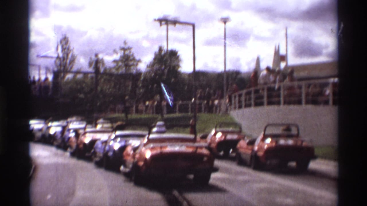 The bumper car line continues around the outdoor ride, with spectators, trees, railings, and lampposts in the background.
