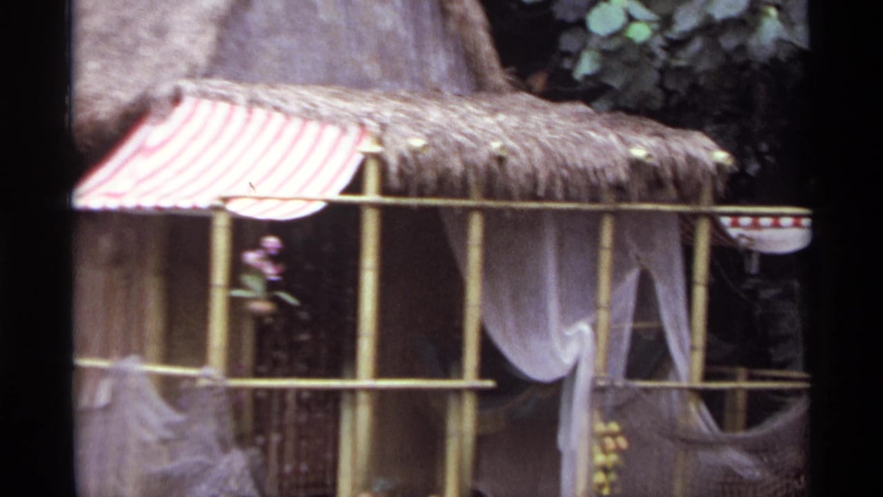 A 1974 Orlando frame shows a close view of a thatched bamboo-style attraction structure with red-and-white awning, netting, and greenery.