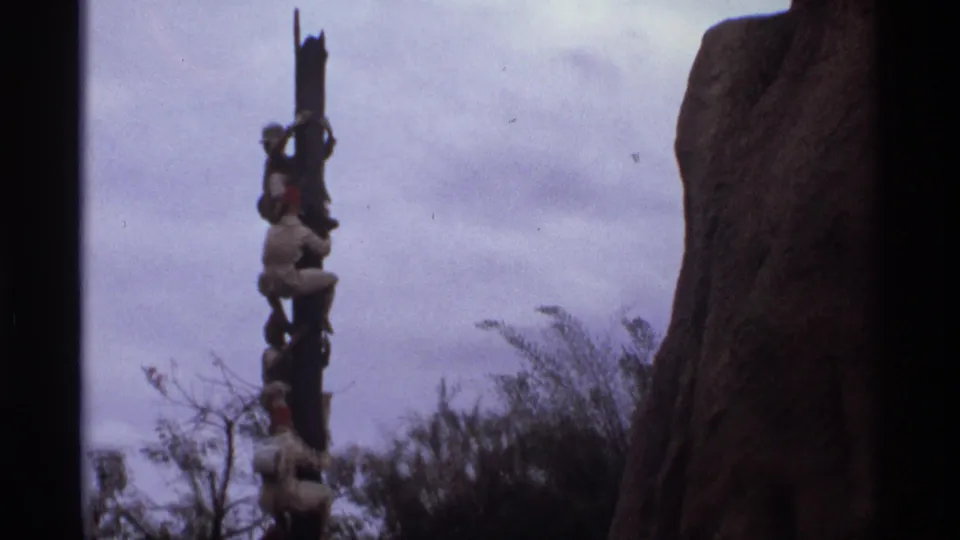 1974 Orlando home-movie frame showing figures on a tall decorative pole against an overcast sky, with trees and a rock-like structure nearby.