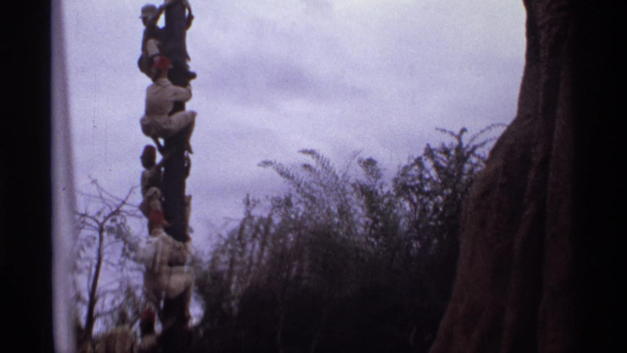 Figures continue up a tall dark pole with shrubs and a rock-like wall at right.
