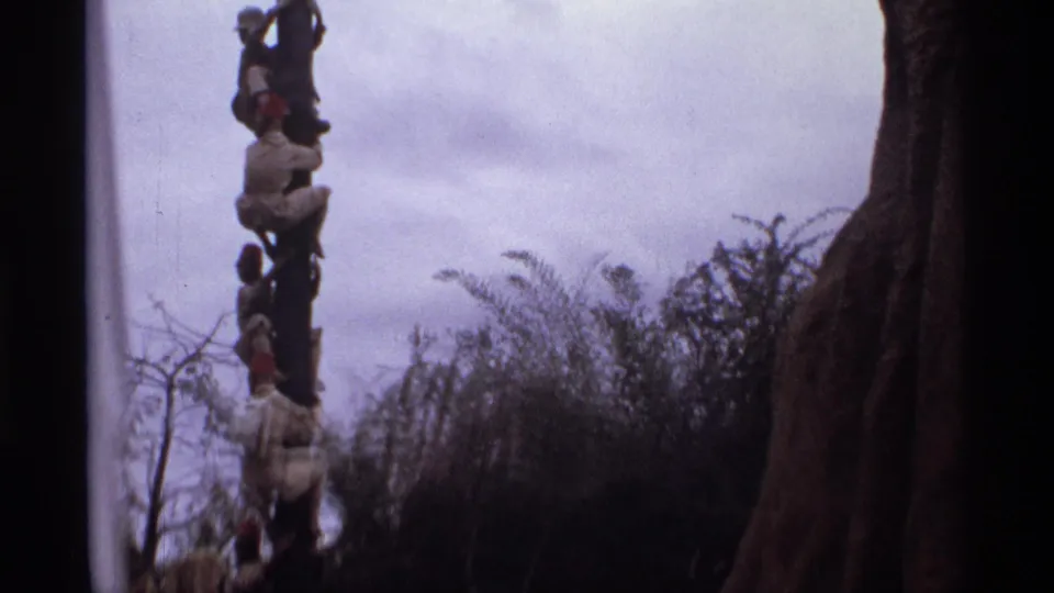 1974 Orlando frame with several people on a vertical decorative pole, partly framed by vegetation and a large rock-like feature.