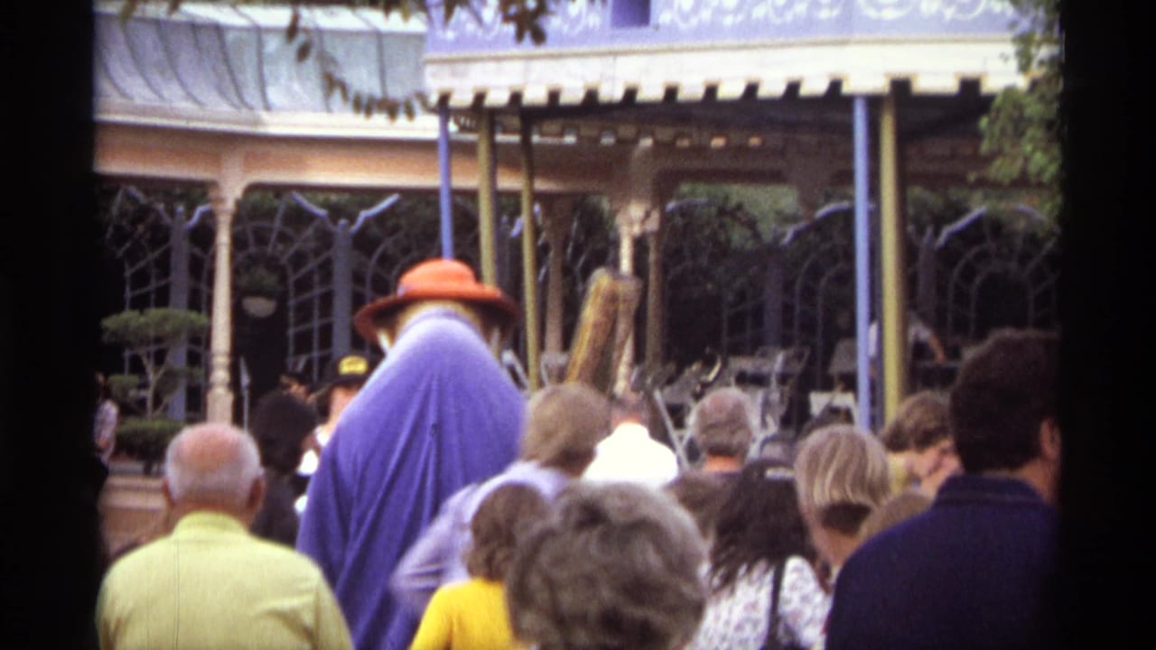 Crowd of visitors seen from behind near a covered outdoor structure and a costumed figure.
