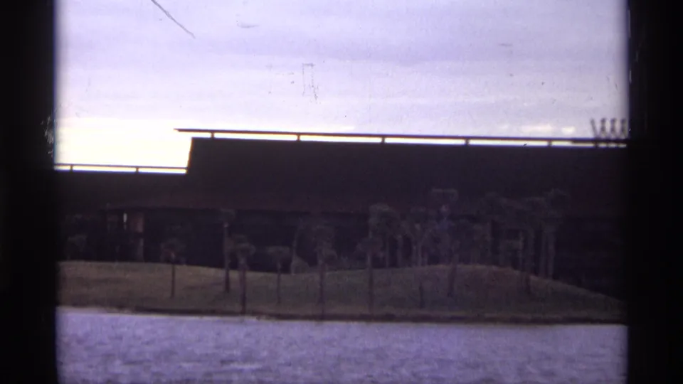 1974 Orlando frame showing the waterfront building at mid-zoom, with palm trees and a sloped grassy bank in front.