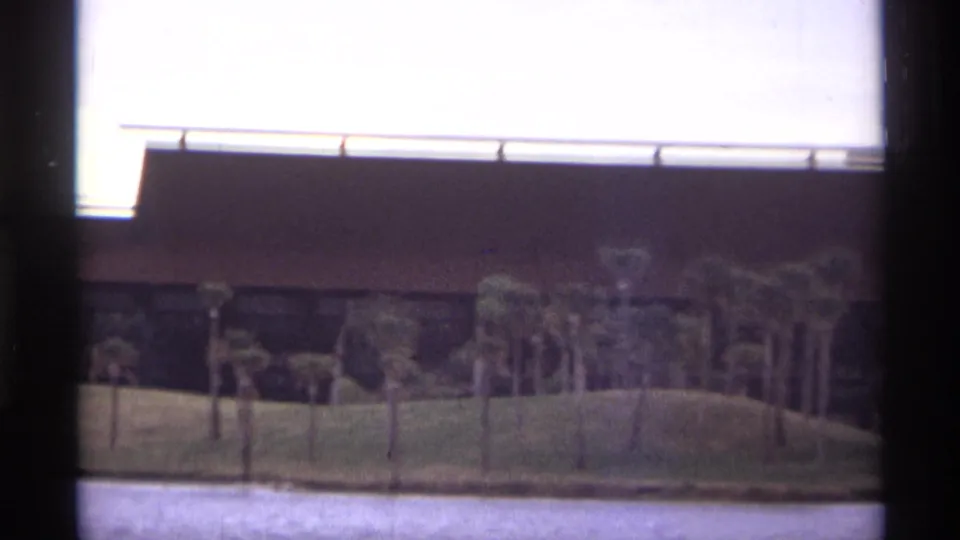 1974 Orlando 8mm frame ending on a closer view of the brown waterfront building, palm trees and grassy bank.