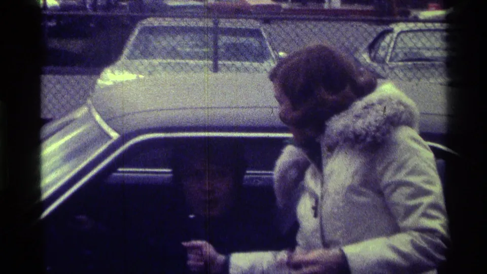 The woman faces a seated man in the car, holding the microphone near the window, with parked cars and fencing behind them.