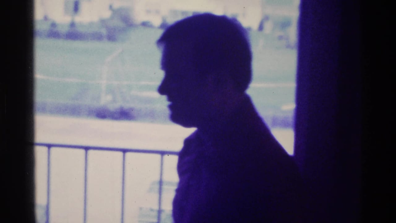 In 1976 Kentucky 8mm footage, a man appears in silhouette beside a bright window overlooking an outdoor field or open area.