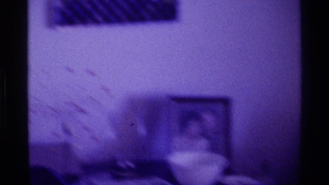 Purple-tinted room corner with wall pictures and a table edge in soft focus.