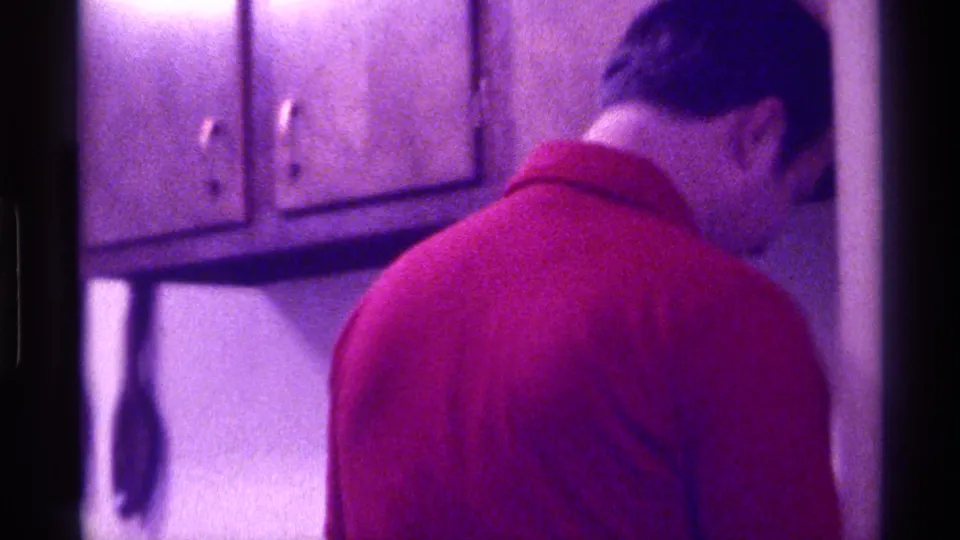 The red-shirted figure remains near wood cabinets in the Kentucky party interior, captured with soft focus and purple film cast.