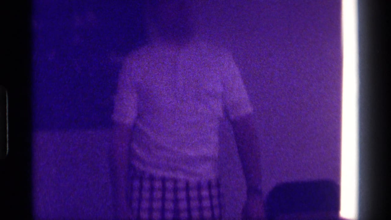 1976 Kentucky 8mm frame showing a person in a white T-shirt and checkered shorts in a purple-tinted living room interior.