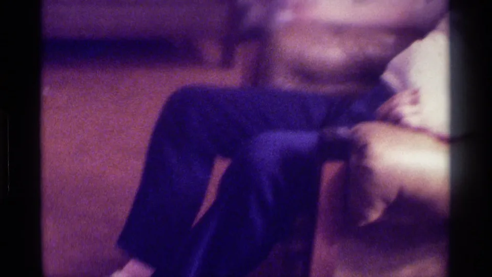 The final frame is more blurred and partially cropped, showing the seated man in the recliner with dark trousers, an arm extended, and the beer can near the side of the frame.