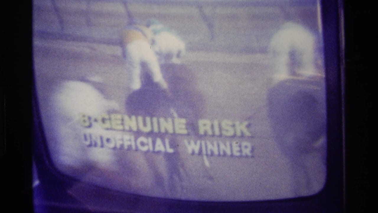 Kentucky 1976 frame showing a filmed television broadcast of horses racing, with the Genuine Risk unofficial winner overlay visible.