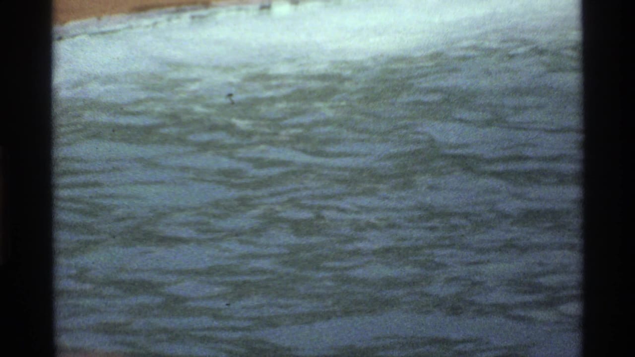 Faded 8mm frame showing rippled backyard pool water after the swimmers move out of view.