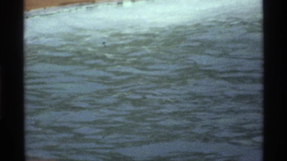 Faded 8mm frame showing rippled backyard pool water after the swimmers move out of view.