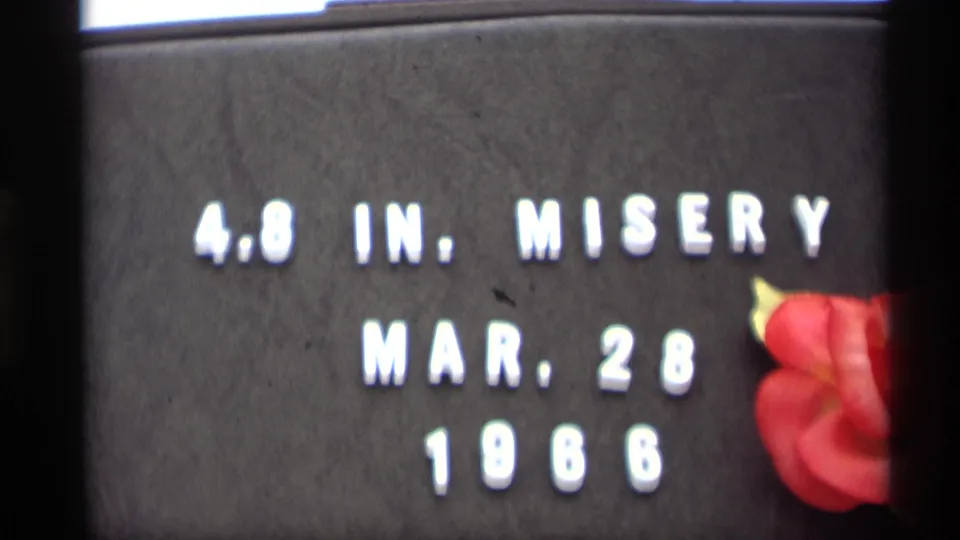 Reframed 8mm view of the March 28, 1966 snow title card, with the red flower decoration partly cropped at the right.