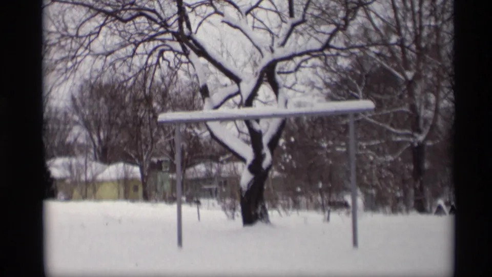 Soft 8mm view of a Madison winter yard in 1966, with bare trees, snow, and a horizontal support bar.