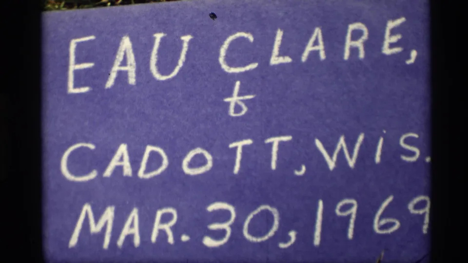 Cropped 8mm frame of the handwritten Eau Claire and Cadott, Wisconsin title card with the March 30, 1969 date.