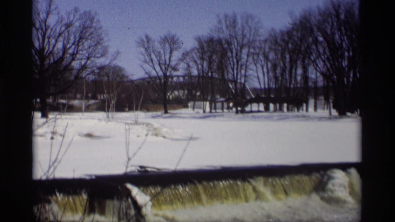 Snowy winter scene with bare trees, a bridge in the distance, and water at the foreground edge.