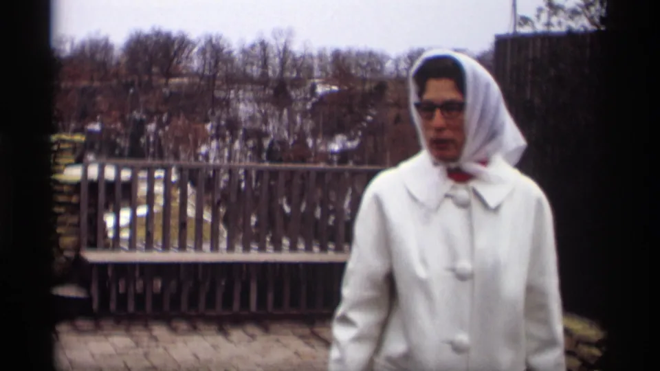 A closer 1966 Madison view shows the woman in a white hooded coat and glasses, with railing, bare trees, and snow behind her.
