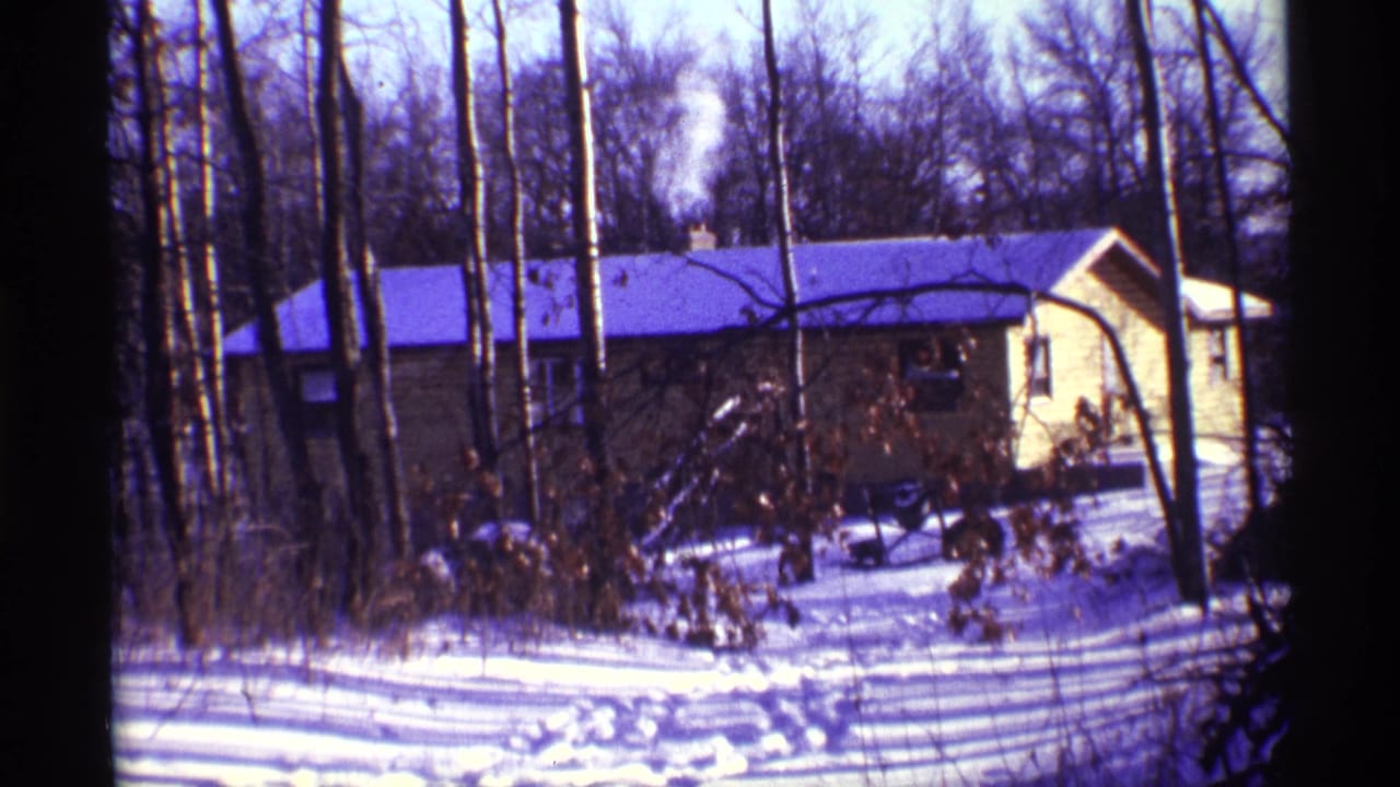 Snowy yellow house seen through trees with smoke rising from chimney.