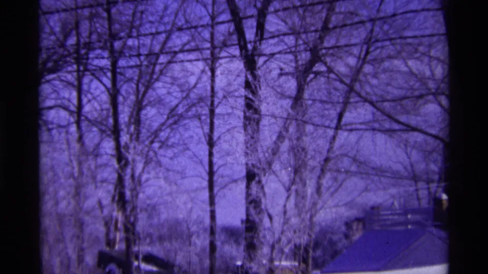 1968 Chicago-area 8mm frame with leafless trees, crossing utility lines, snow cover, and a partially visible structure at right.
