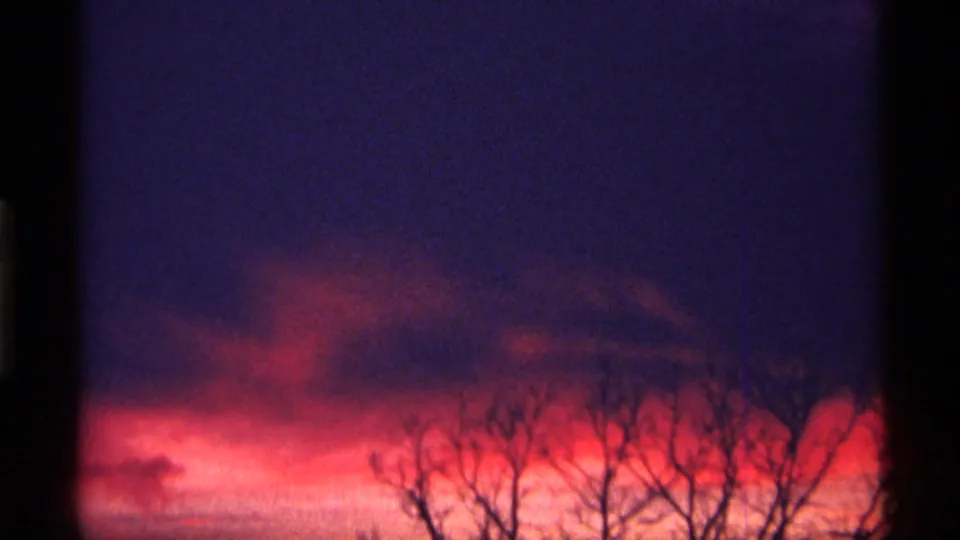 1968 Chicago-area 8mm frame with vivid orange horizon clouds, purple upper sky, and silhouetted bare branches.