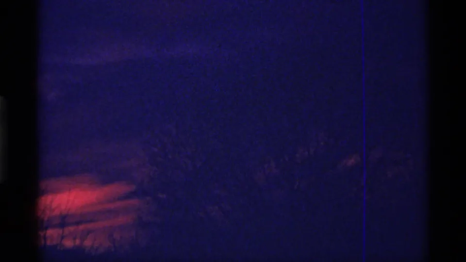 1968 Chicago 8mm frame showing subdued red sunset light, deep blue sky, and silhouetted branches along the lower edge.