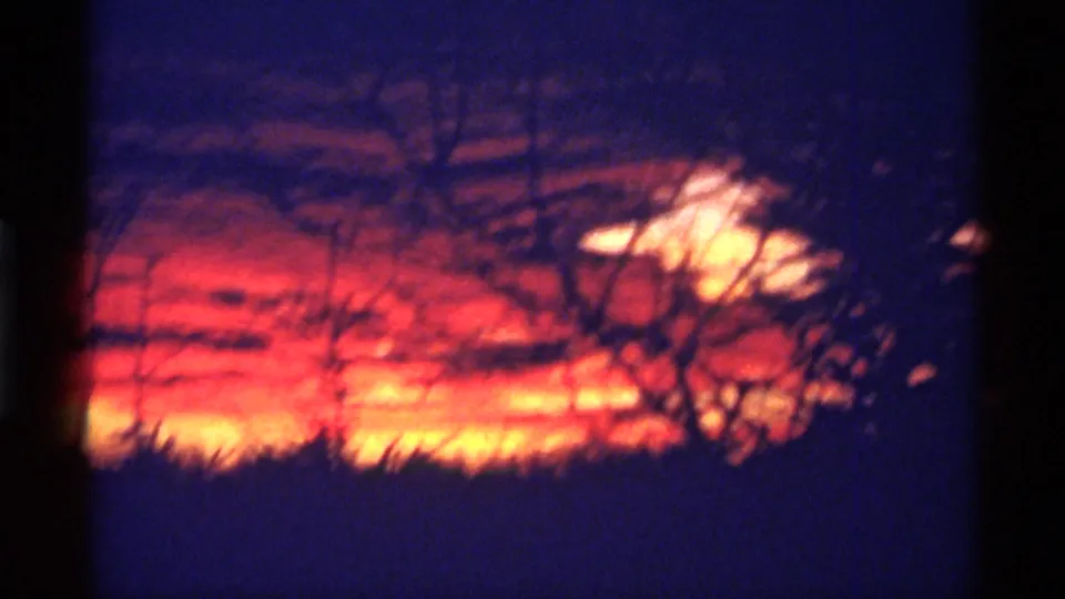 Chicago, Illinois home-movie frame from 1968 metadata showing saturated sunset color through leafless trees and dark vertical frame edges.