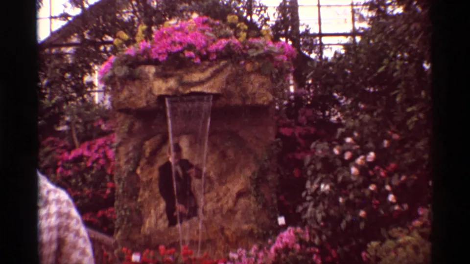 1968 Chicago home-movie frame showing a suited man beneath a cascading stone fountain surrounded by bright flowers and foliage.