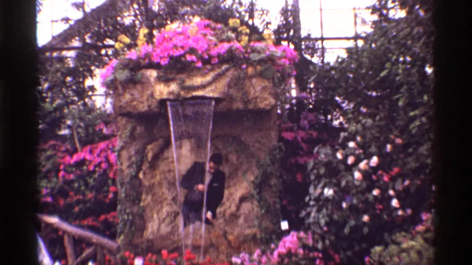 1968 Chicago frame with a suited man standing beneath a narrow waterfall at a planted stone feature inside a glass-roofed space.