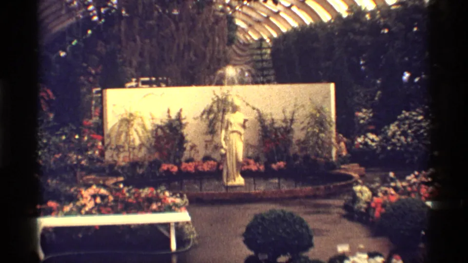 1968 Chicago home-movie frame of a greenhouse display with a central statue, surrounding flowers, dense foliage, and overhead glass structure.