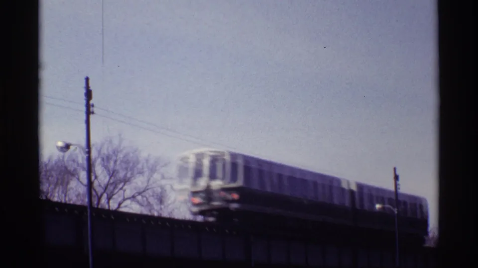 Blurred rear cars of a Chicago elevated train pass along raised tracks with bare trees and poles below.