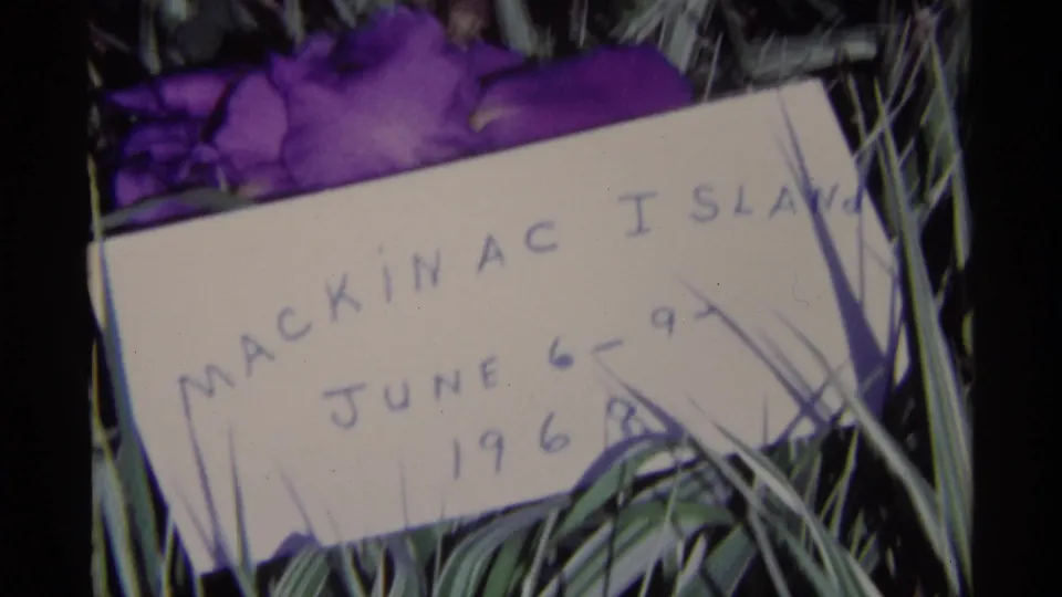 Close view of a handwritten note reading Mackinac Island, June 6-9, 1968, placed among purple flowers and grass.