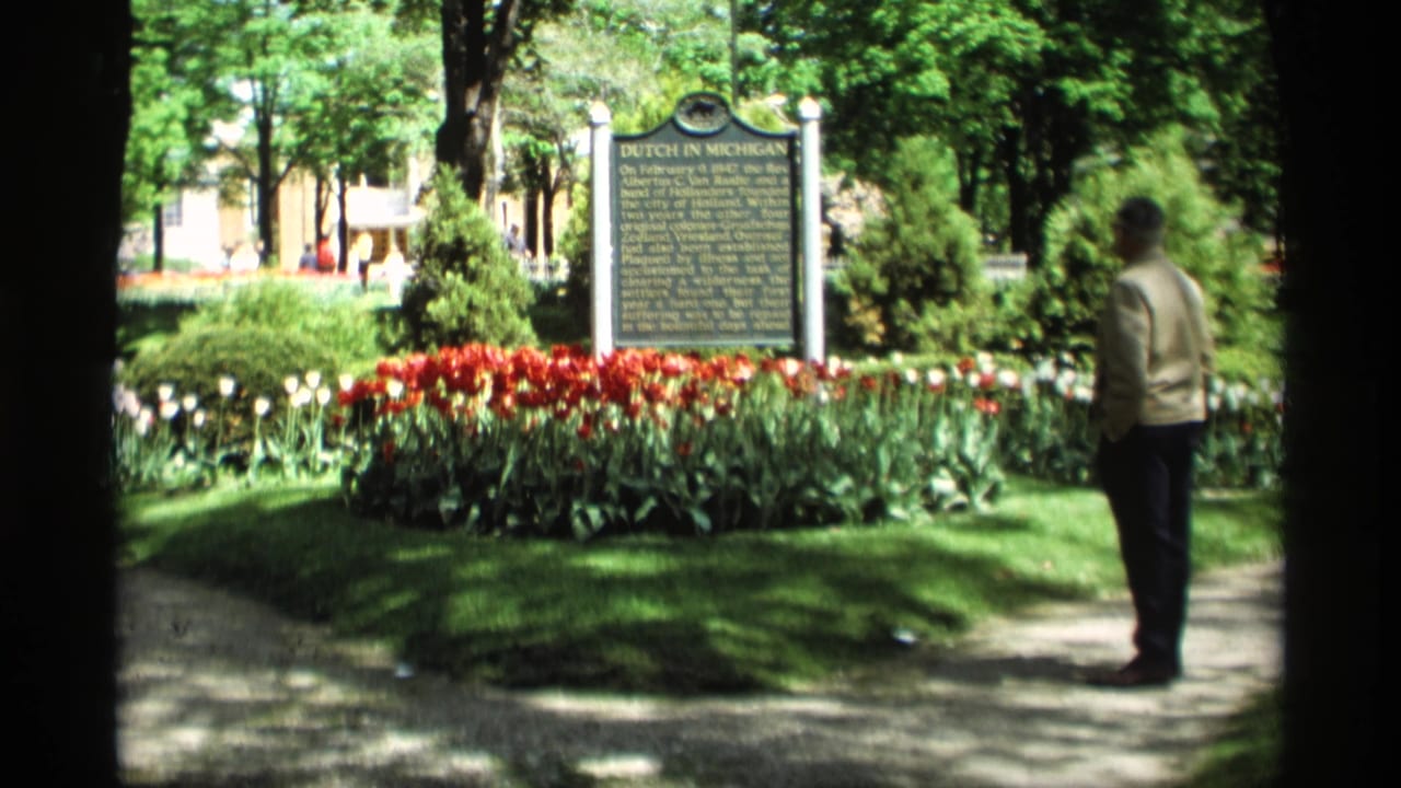 Dutch history marker and tulip beds in a park, with a man standing at the right edge of the frame.