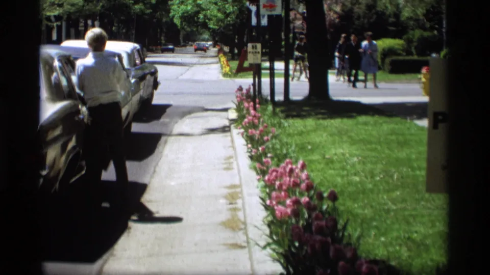 The man stands near the sedan along a Holland, Michigan sidewalk, with pedestrians and passing cars visible beyond the tulip beds.