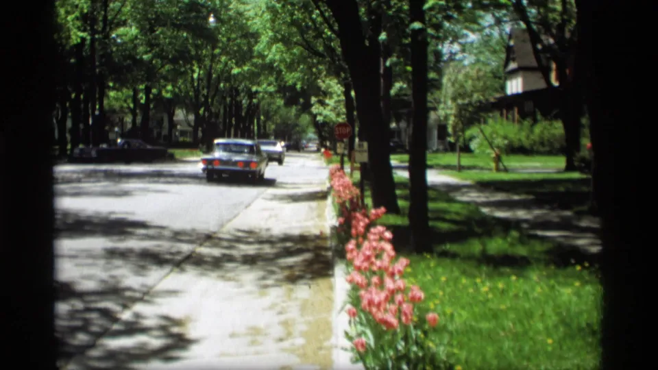 1969 Holland, Michigan street view with a period car moving through a shaded intersection beside tulip plantings.
