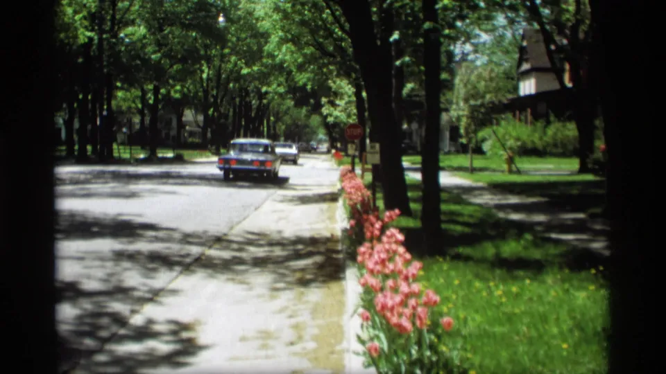 1969 Holland, Michigan home-movie frame showing a classic car from behind on a bright residential road lined with flowers and trees.