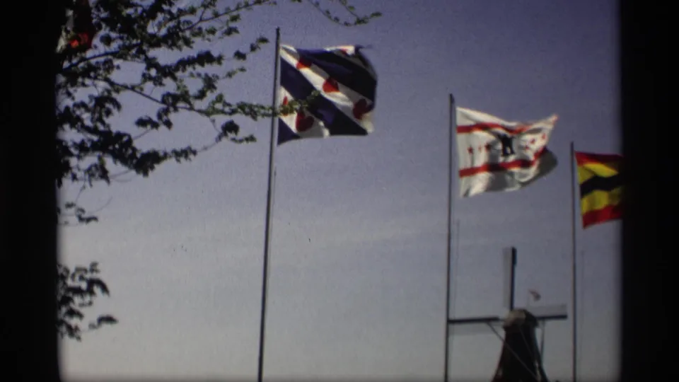1969 Holland, Michigan frame with patterned flags, leafy branches, and a windmill in the lower background.