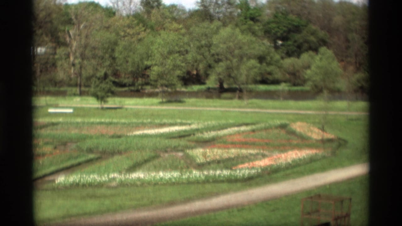 1969 Holland, Michigan 8mm view of geometric flower beds, grass, paths, and trees seen through dark vertical framing.