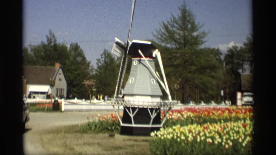 Visitor-shot 8mm view of the Holland, Michigan windmill across tulip beds, with a white fence, roadway, houses, trees, and cars in frame.