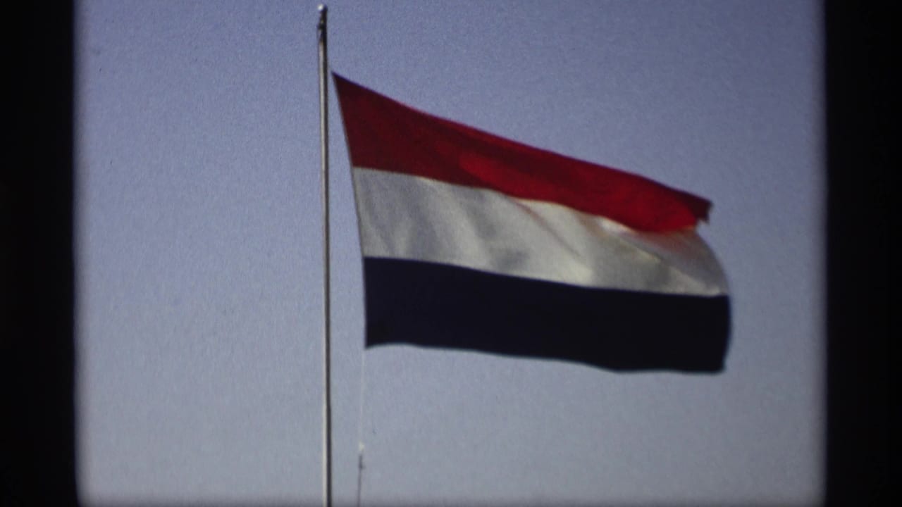 Netherlands flag extended by wind beside a tall pole.
