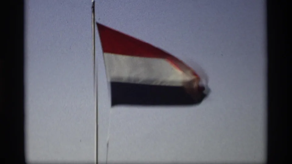 The Netherlands flag curls in the wind on a pole, with 8mm grain and dark frame borders visible.